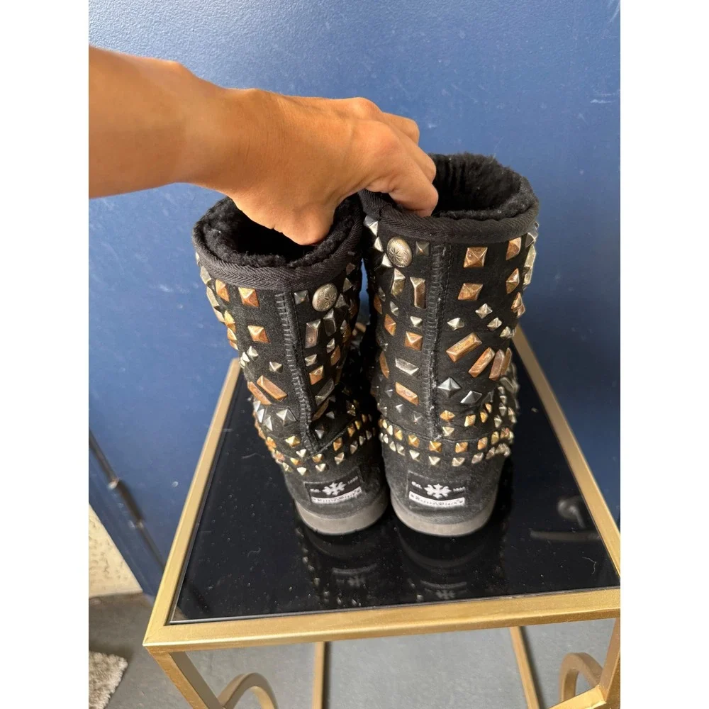 Koolaburra by UGG Black Suede Studded Embellished Mid Calf Boots Mixed Metal